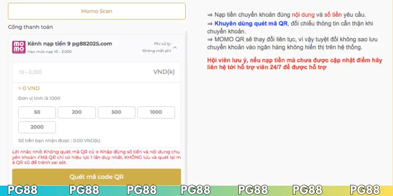 Nạp tiền nhanh bằng ví điện tử PG88